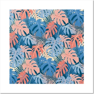 Monstera and Palm leaves pattern (Blue and pink) Posters and Art